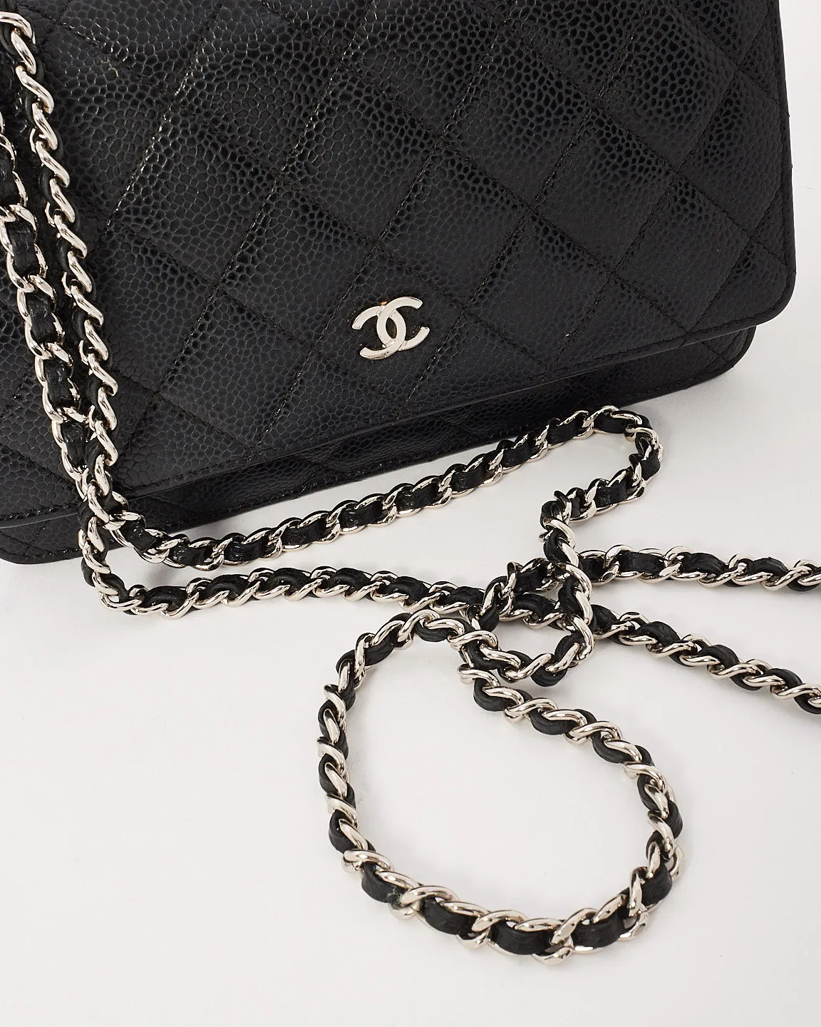 Chanel Black Caviar Leather Quilted Wallet On Chain SHW