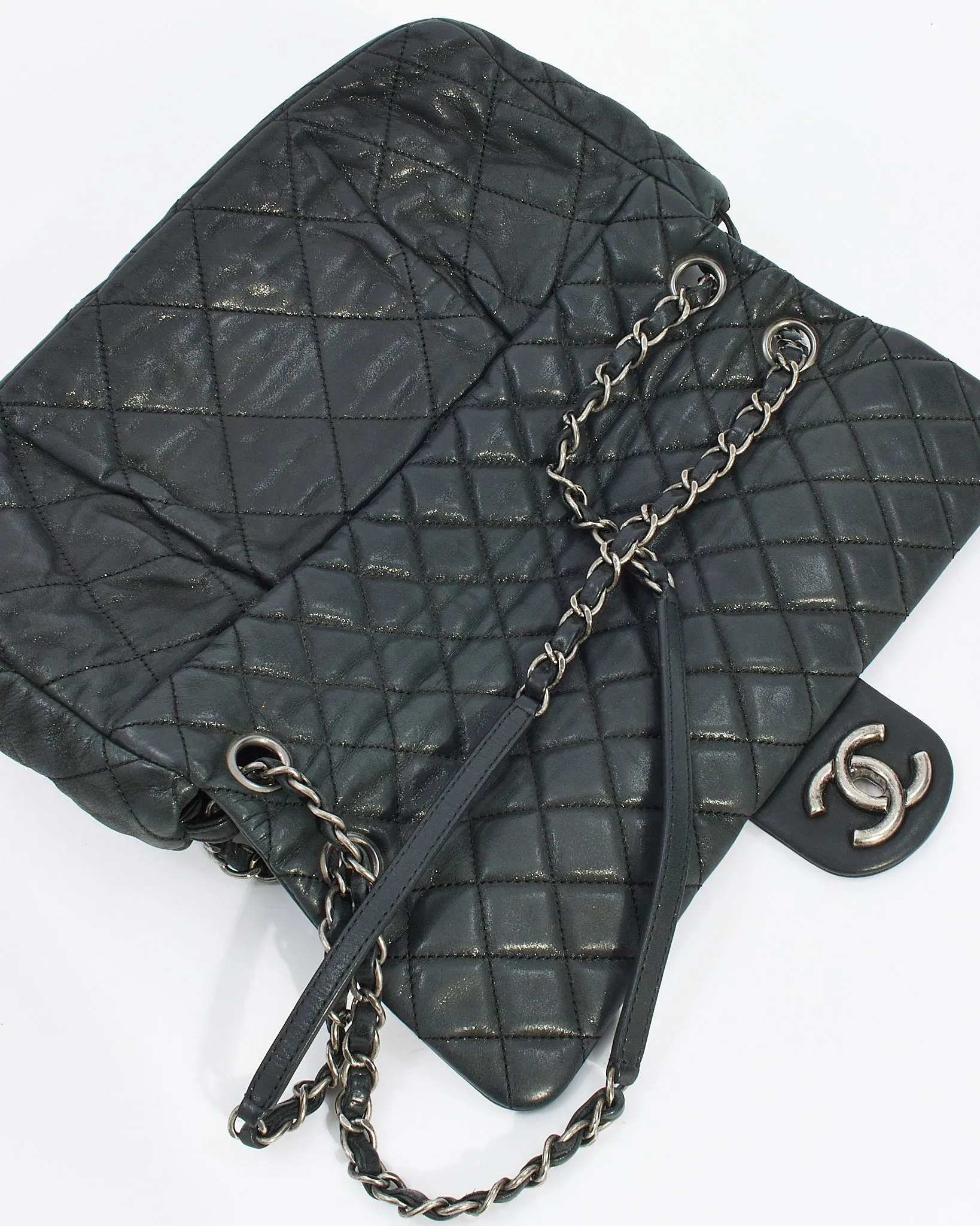 Chanel Black Quilted Iridescent Leather East West Single Flap Bag