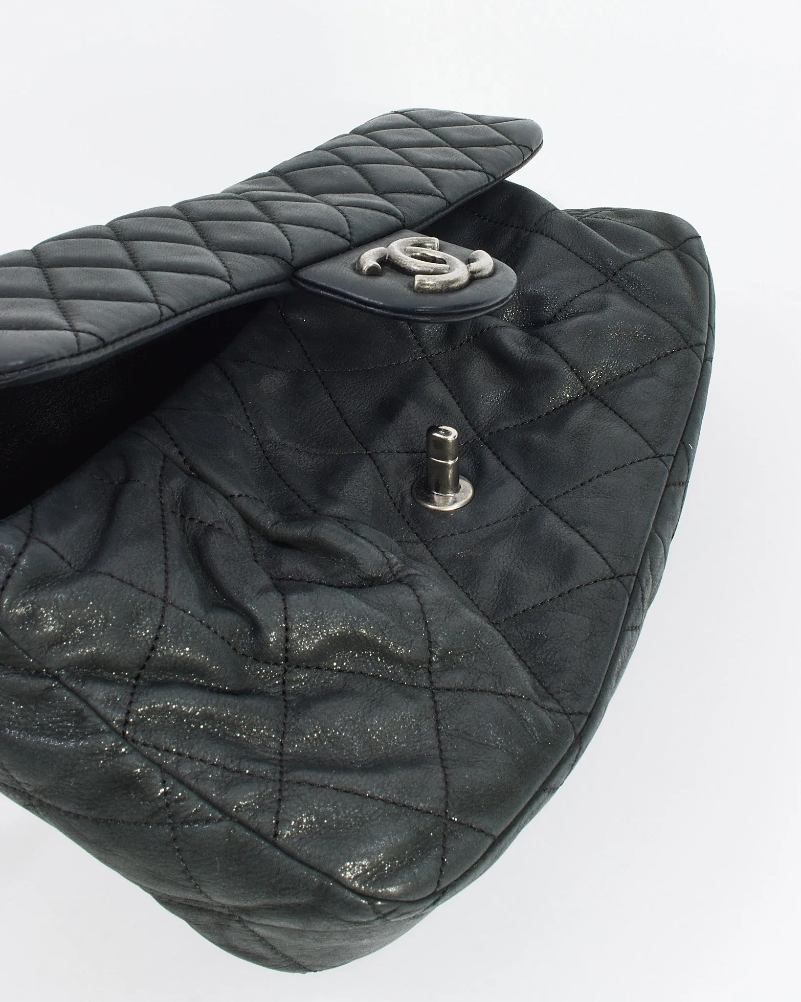 Chanel Black Quilted Iridescent Leather East West Single Flap Bag