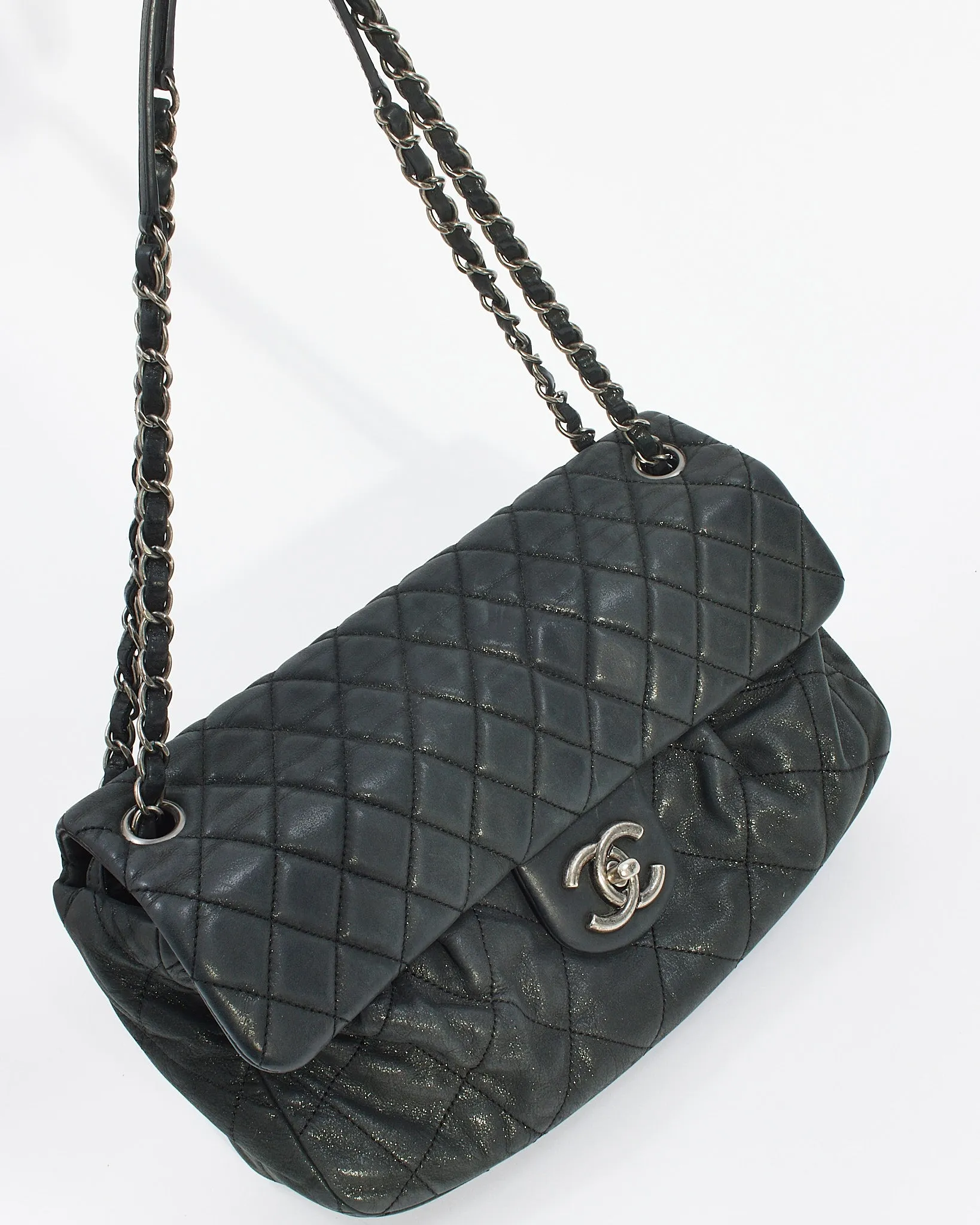 Chanel Black Quilted Iridescent Leather East West Single Flap Bag