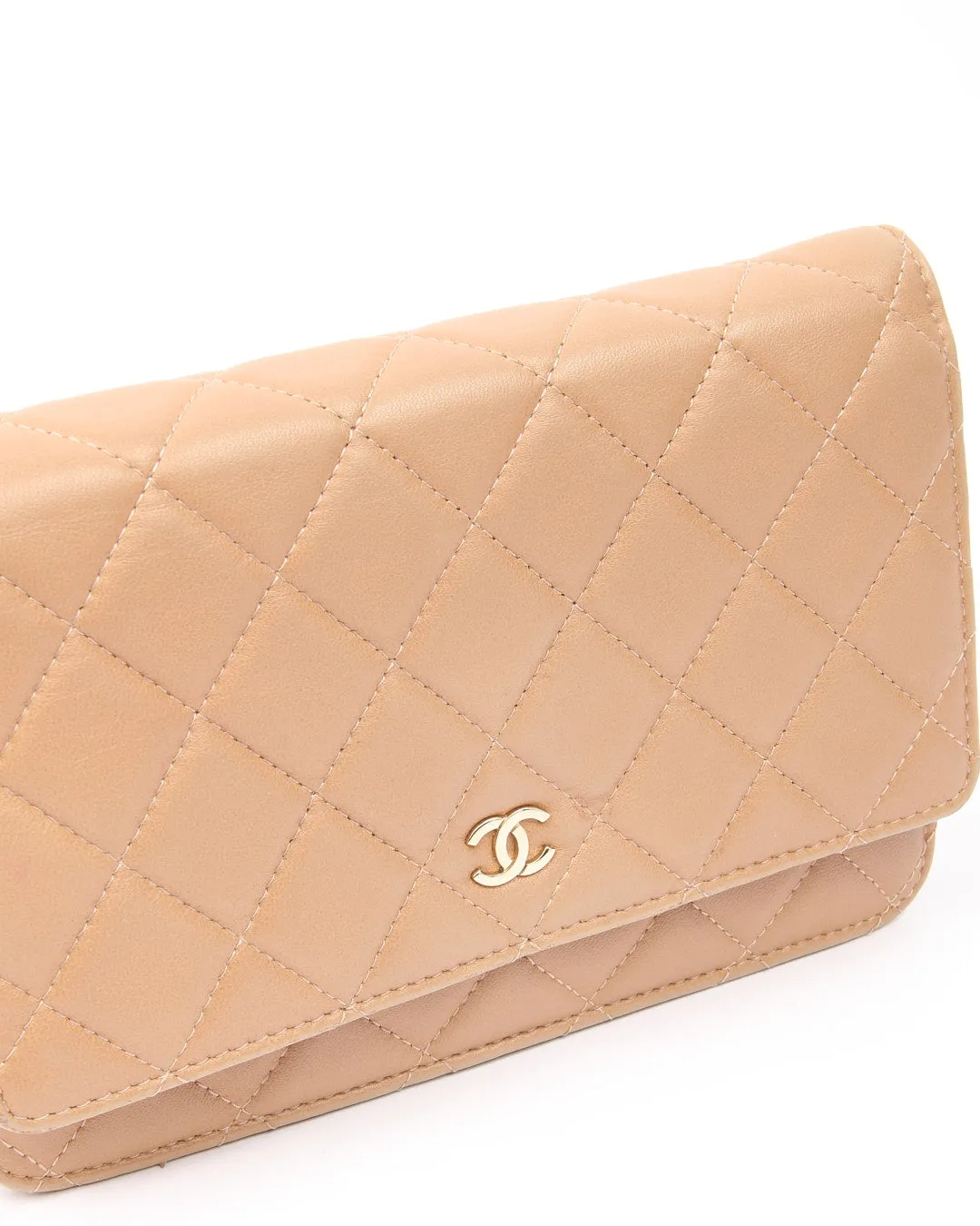 Chanel Dark Beige CC Timeless Quilted Lambskin Leather Wallet On Chain