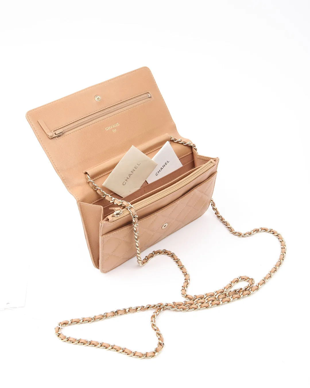 Chanel Dark Beige CC Timeless Quilted Lambskin Leather Wallet On Chain