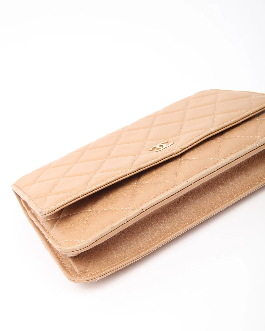 Chanel Dark Beige CC Timeless Quilted Lambskin Leather Wallet On Chain