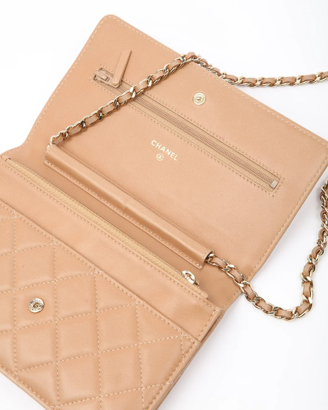 Chanel Dark Beige CC Timeless Quilted Lambskin Leather Wallet On Chain
