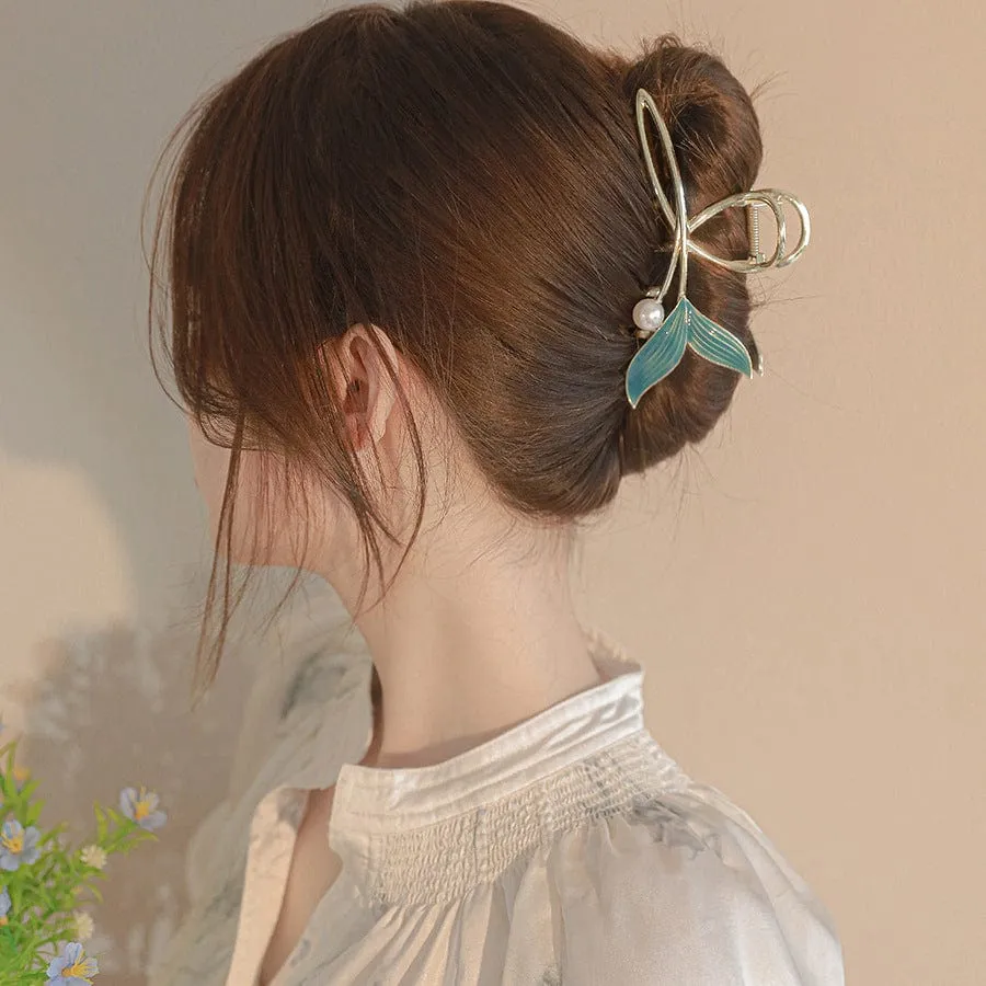 Chic Handmade Enamel Mermaid Pearl Charm Chignon Claw Clip Hair Clip