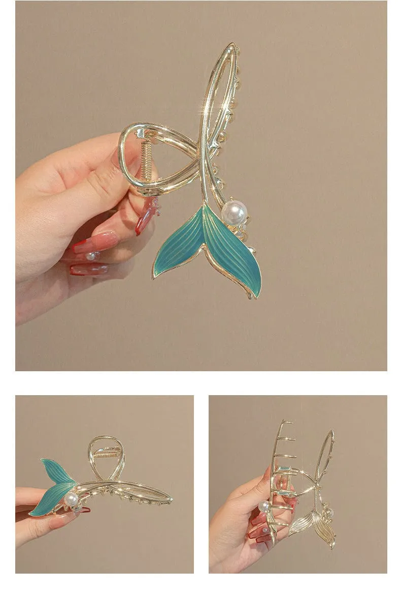 Chic Handmade Enamel Mermaid Pearl Charm Chignon Claw Clip Hair Clip