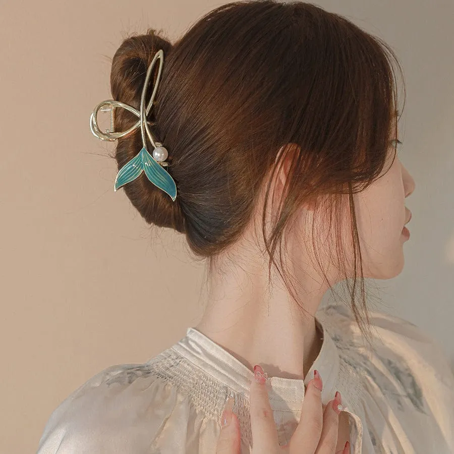 Chic Handmade Enamel Mermaid Pearl Charm Chignon Claw Clip Hair Clip