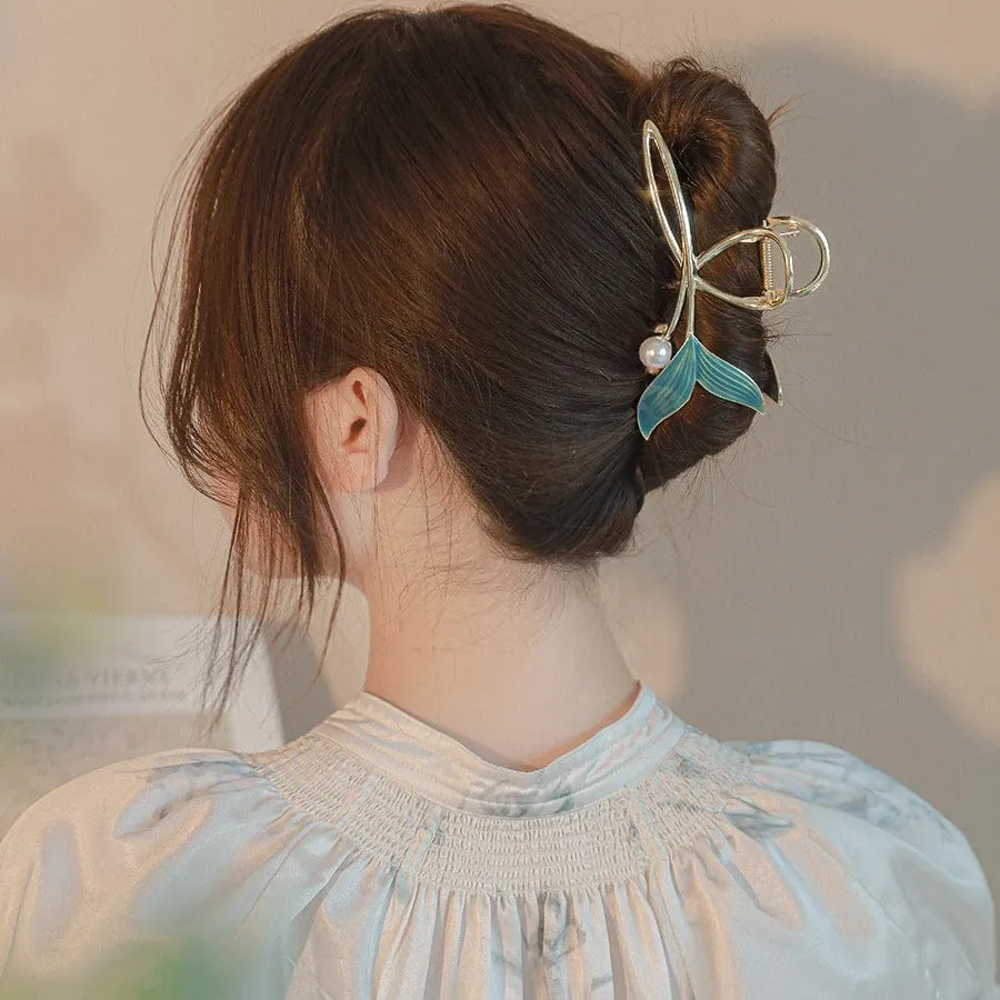 Chic Handmade Enamel Mermaid Pearl Charm Chignon Claw Clip Hair Clip