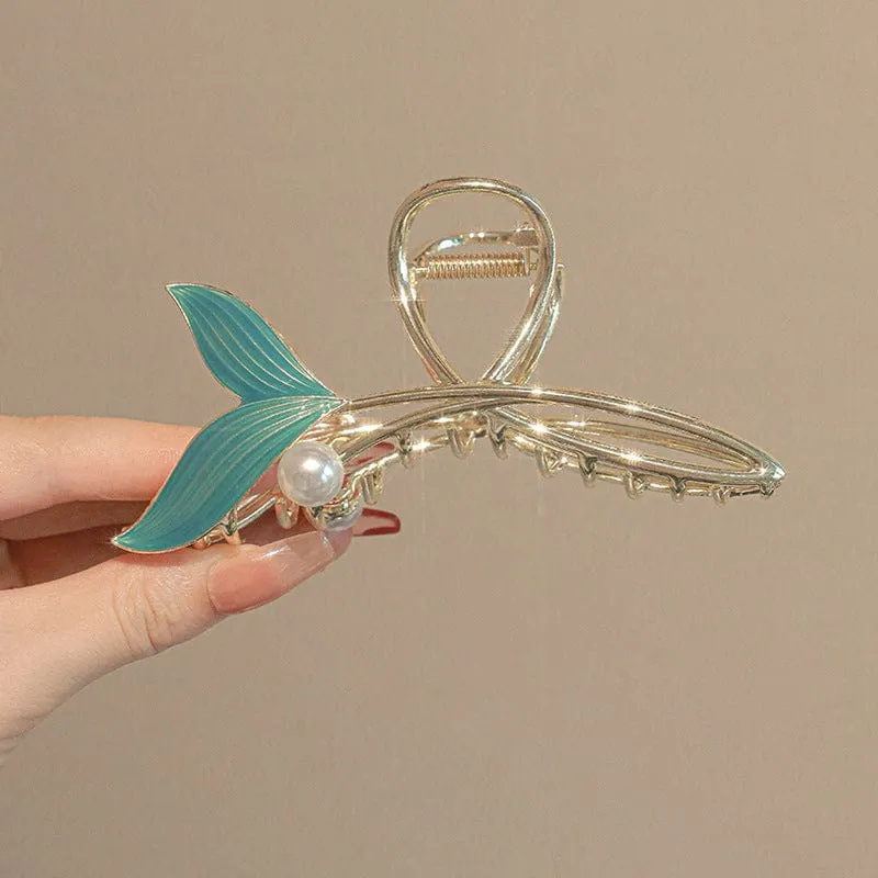 Chic Handmade Enamel Mermaid Pearl Charm Chignon Claw Clip Hair Clip