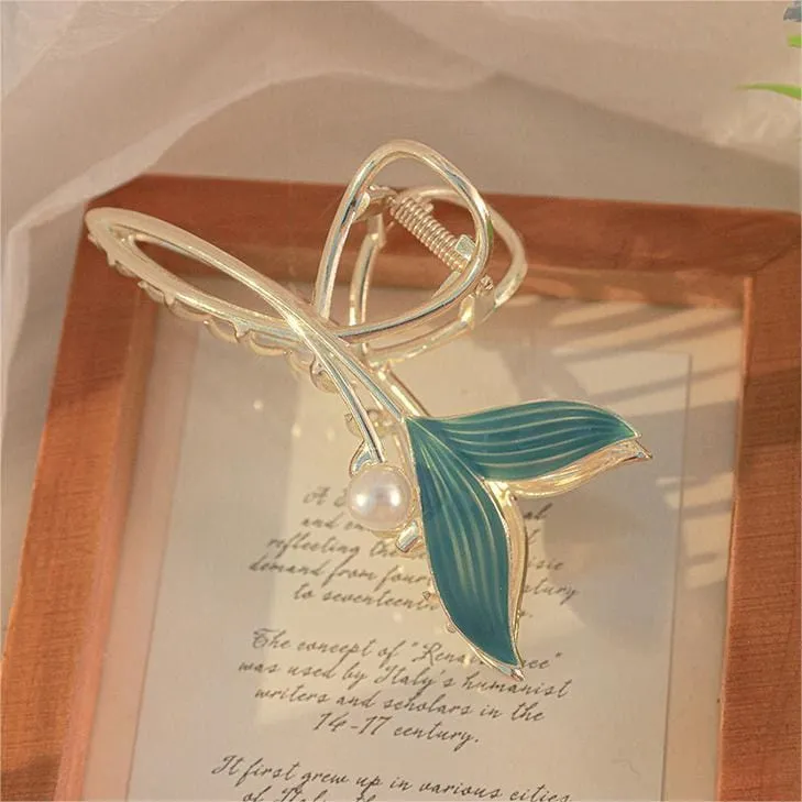 Chic Handmade Enamel Mermaid Pearl Charm Chignon Claw Clip Hair Clip