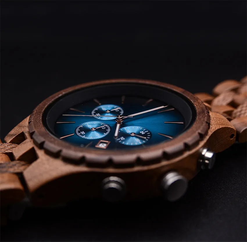 Classic Engraved Mens Dark Wood Watch With Blue Face