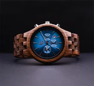 Classic Engraved Mens Dark Wood Watch With Blue Face