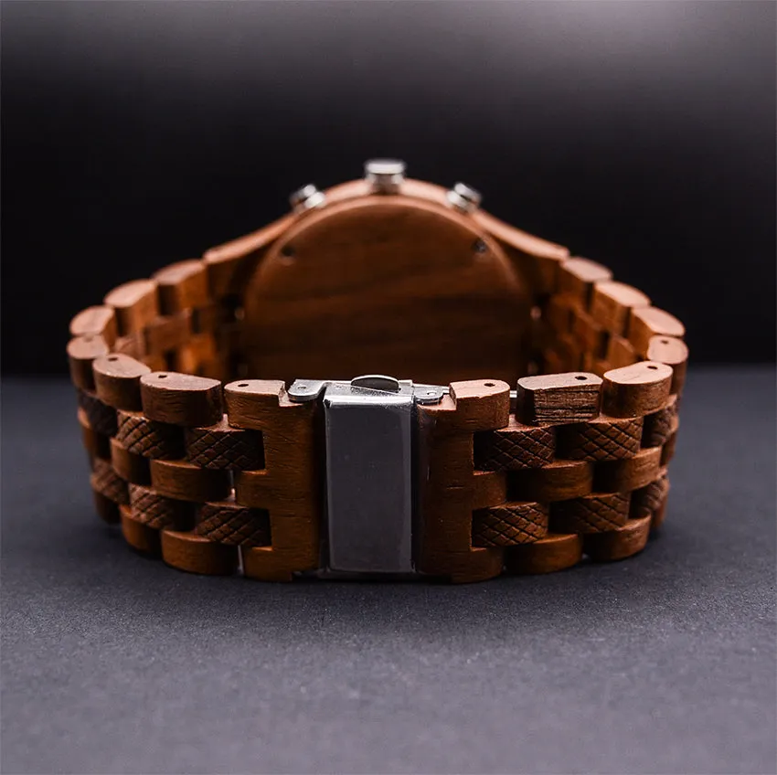 Classic Engraved Mens Dark Wood Watch With Blue Face