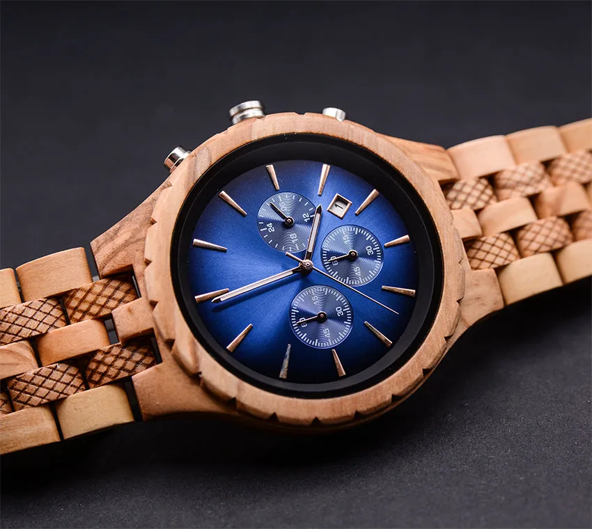 Classic Engraved Mens Wood Watch With Sapphire Face