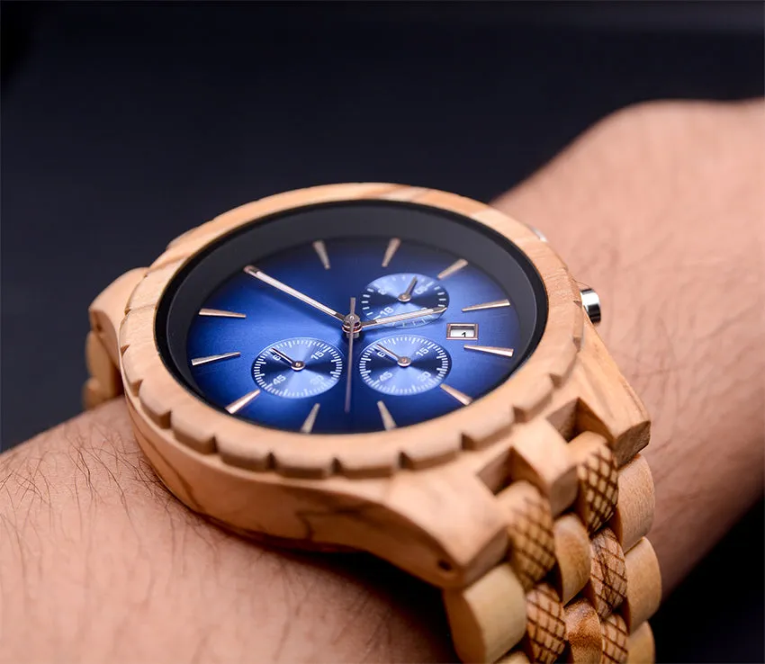 Classic Engraved Mens Wood Watch With Sapphire Face