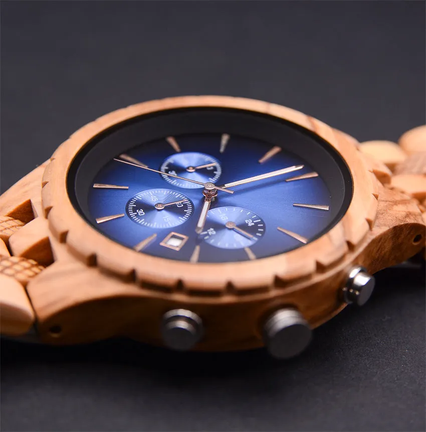 Classic Engraved Mens Wood Watch With Sapphire Face