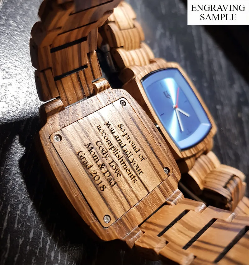 Classic Engraved Mens Zebra Square Wood Watch With Sapphire Face/Swiss Watch