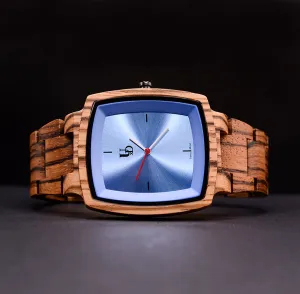 Classic Engraved Mens Zebra Square Wood Watch With Sapphire Face/Swiss Watch