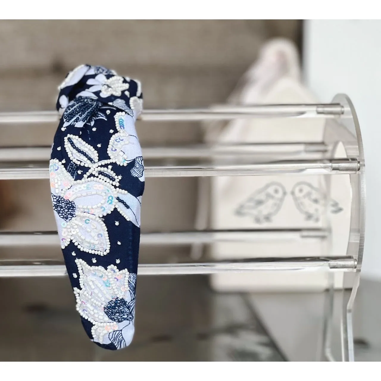 Classic Navy and White Floral Sequin and Seed Beaded Top Knot Headband S