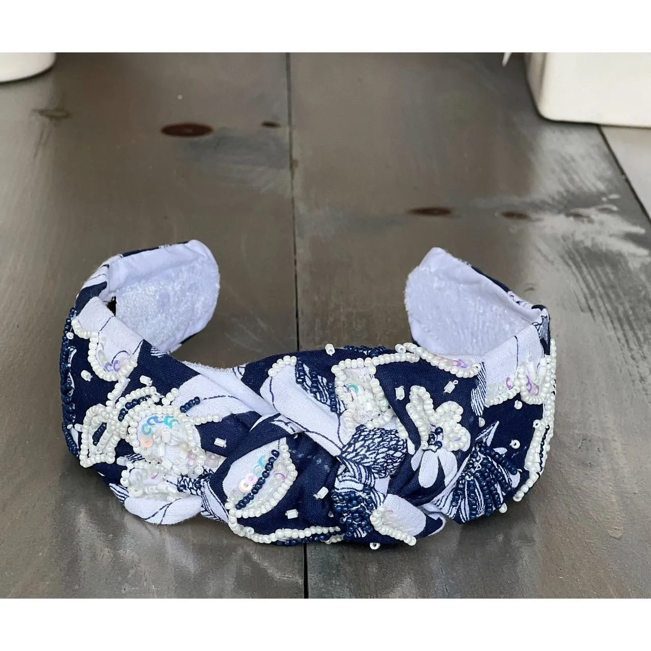 Classic Navy and White Floral Sequin and Seed Beaded Top Knot Headband S