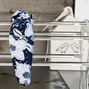 Classic Navy and White Floral Sequin and Seed Beaded Top Knot Headband S