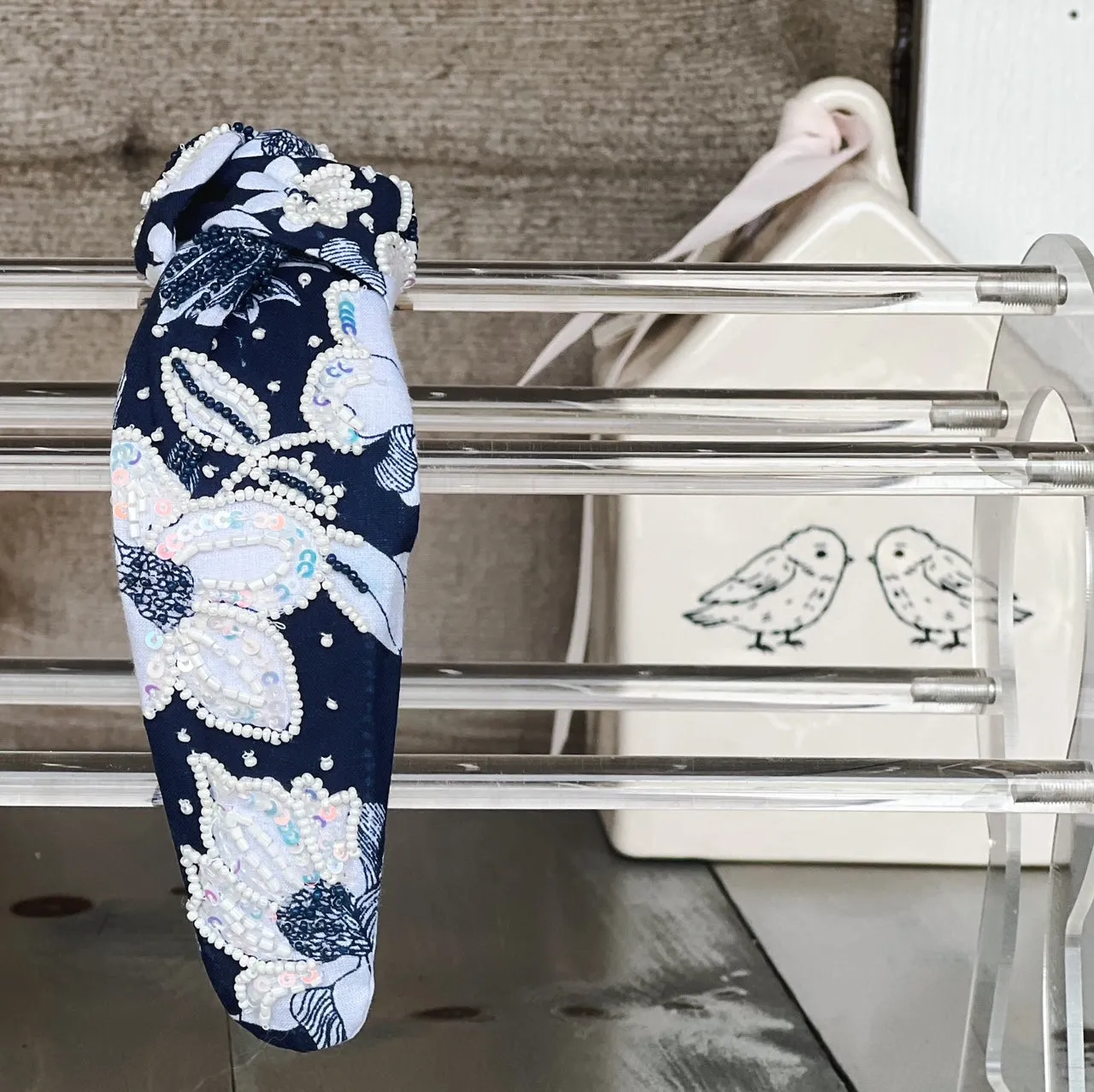 Classic Navy and White Floral Sequin and Seed Beaded Top Knot Headband S