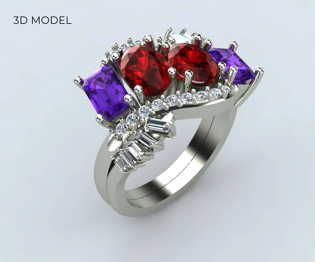 Cluster Ruby Amethyst Diamond Ring Redesigned