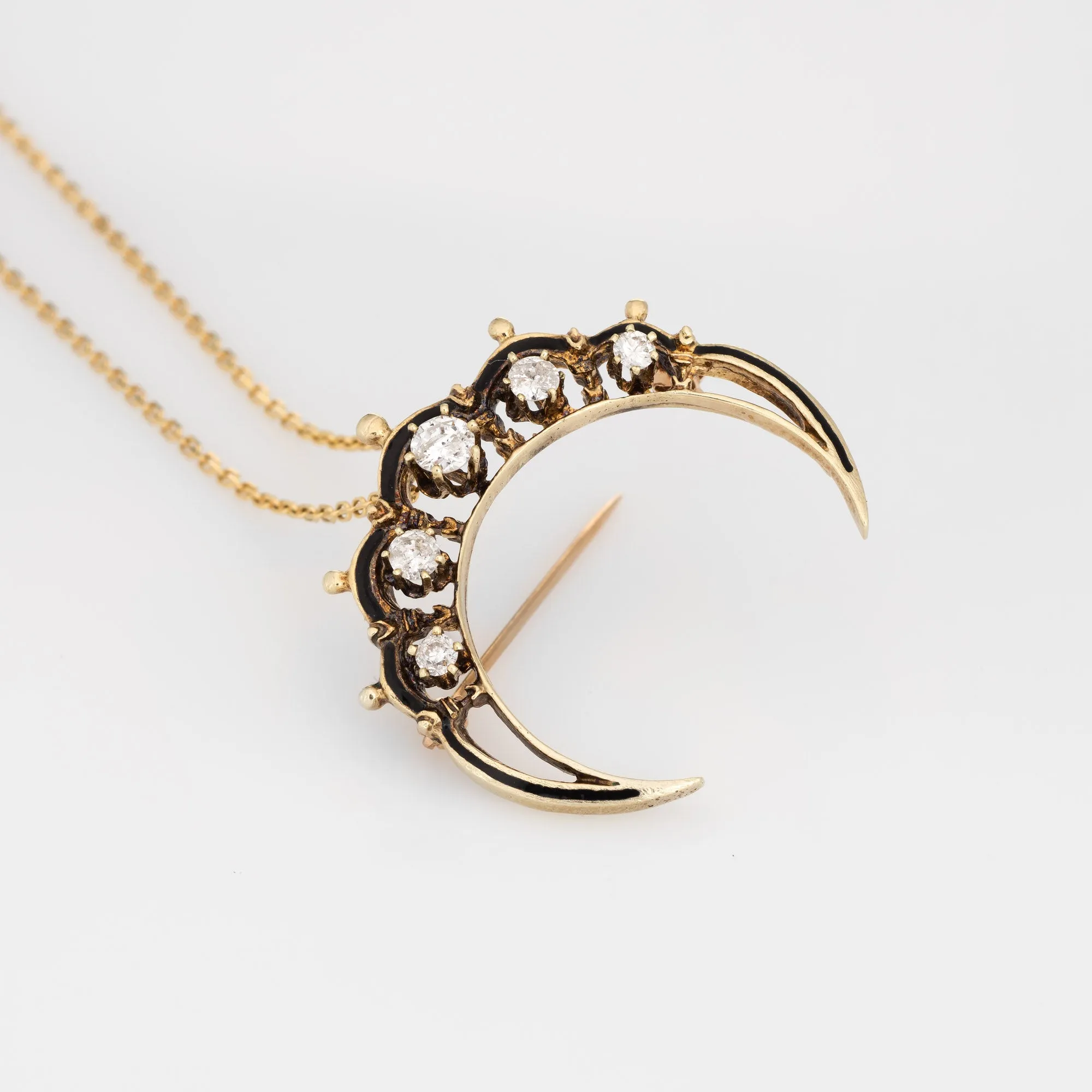 Crescent Moon Diamond Pendant Vintage 14k Yellow Gold Necklace Celestial Jewelry