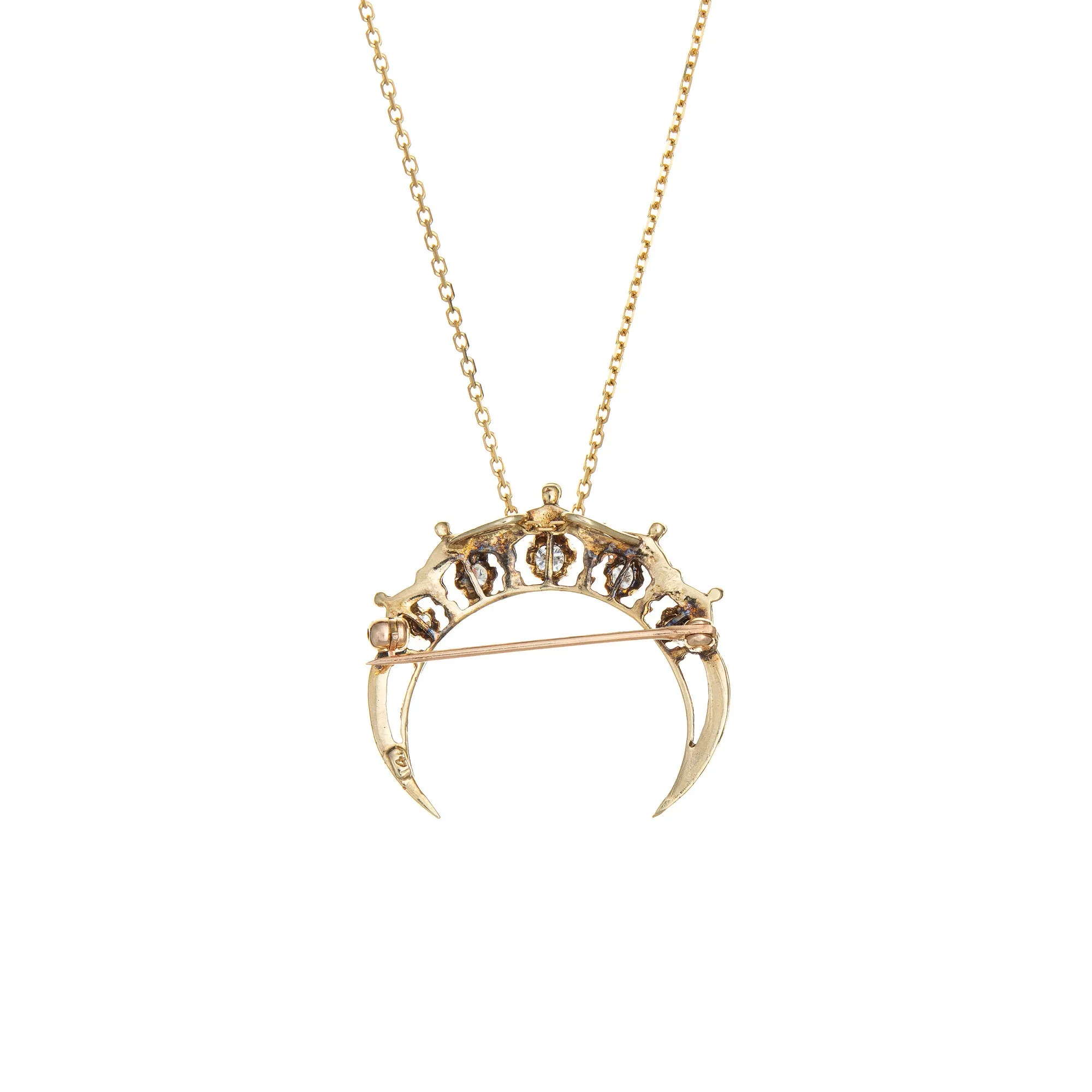 Crescent Moon Diamond Pendant Vintage 14k Yellow Gold Necklace Celestial Jewelry