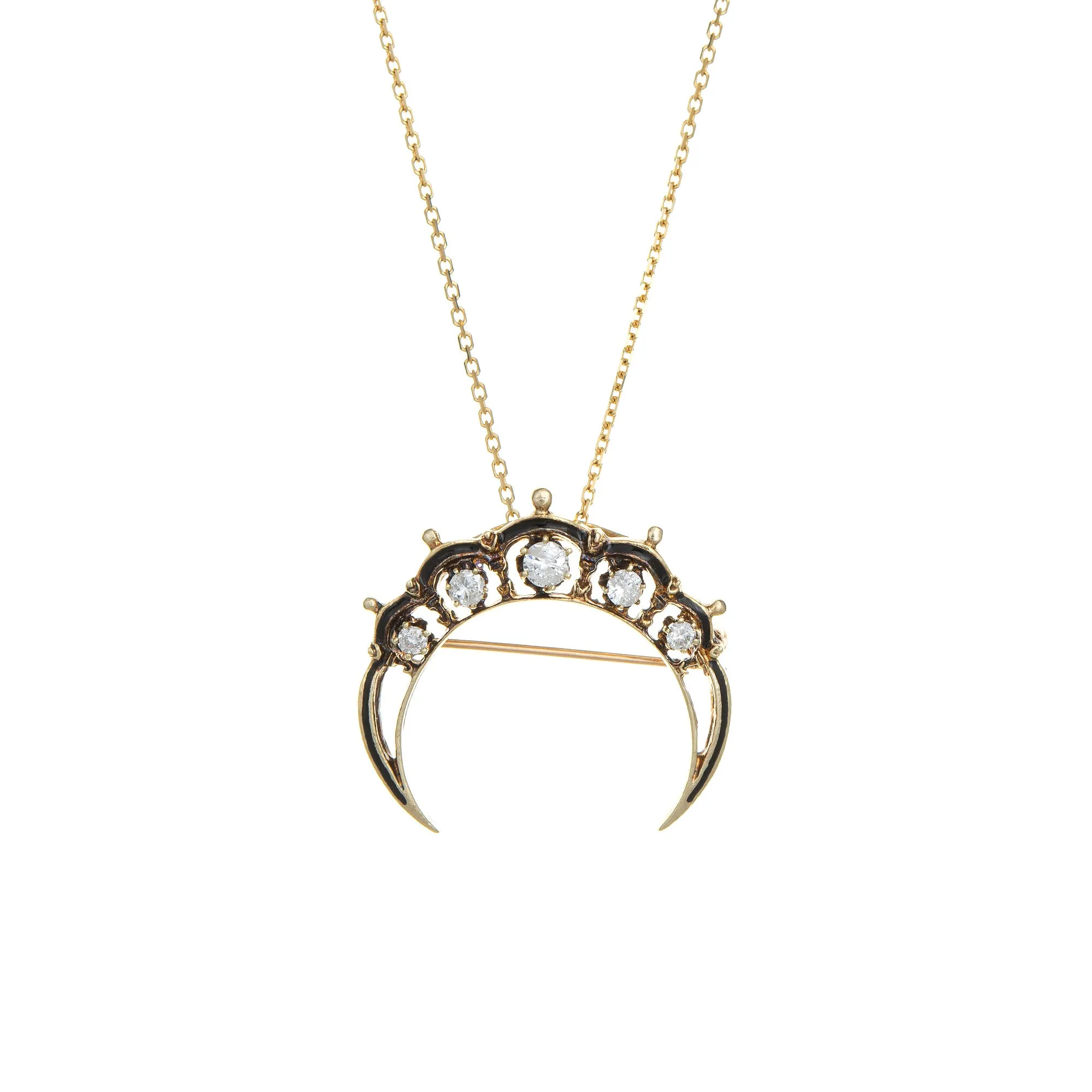 Crescent Moon Diamond Pendant Vintage 14k Yellow Gold Necklace Celestial Jewelry