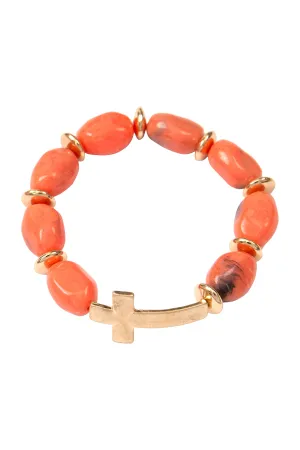 CROSS NATURAL STONE BEADED STRETCH BRACELET