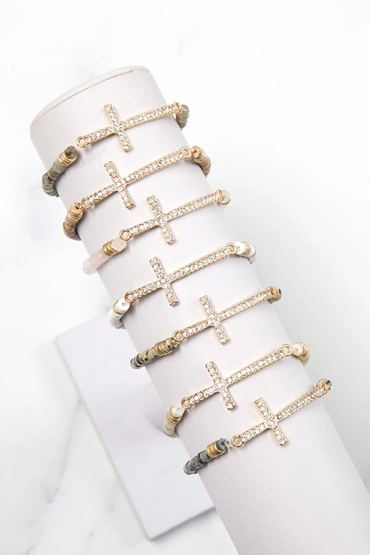 CROSS RHINESTONE WITH NATURAL STONE BEADS STRETCH BRACELET