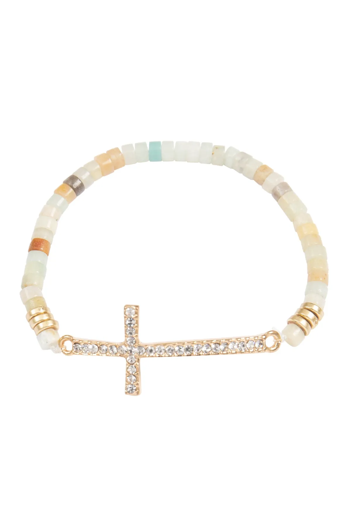 CROSS RHINESTONE WITH NATURAL STONE BEADS STRETCH BRACELET