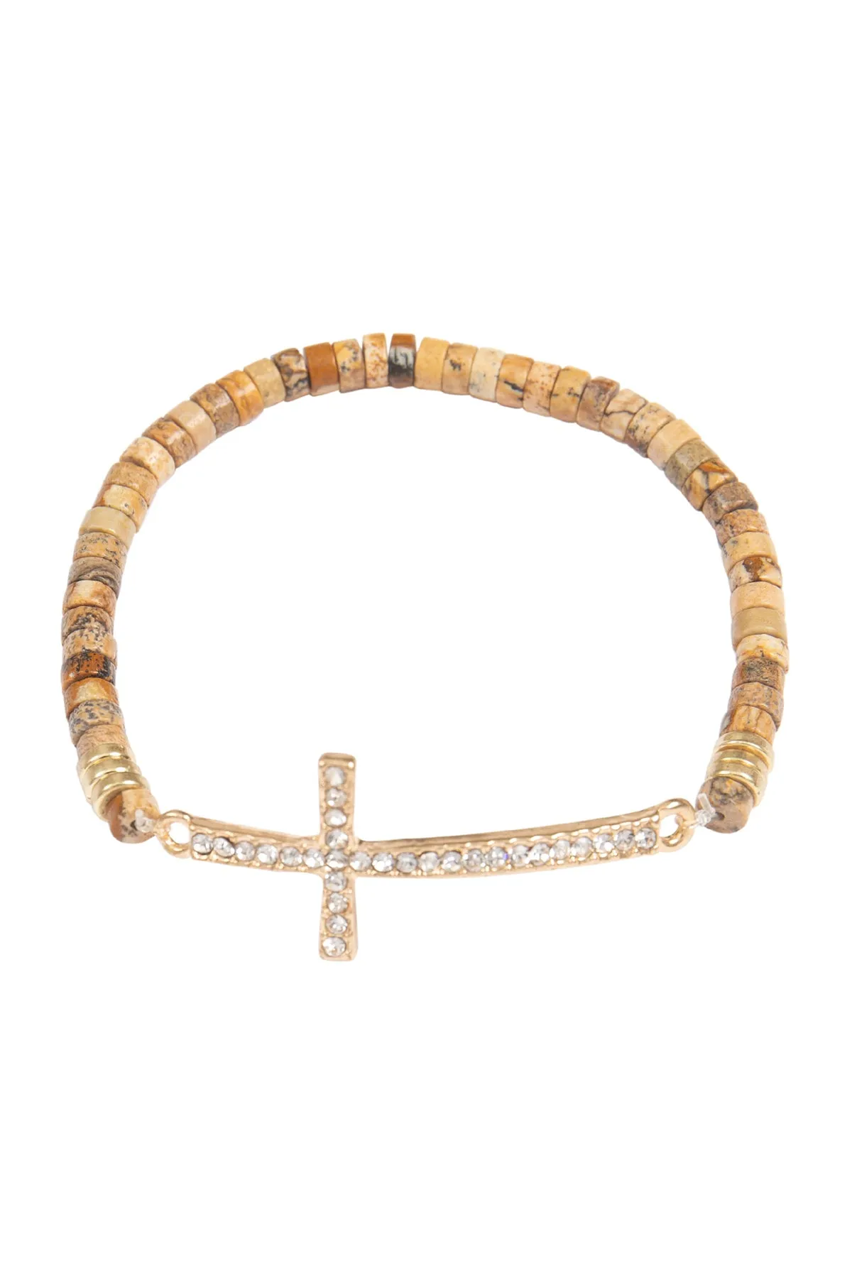 CROSS RHINESTONE WITH NATURAL STONE BEADS STRETCH BRACELET