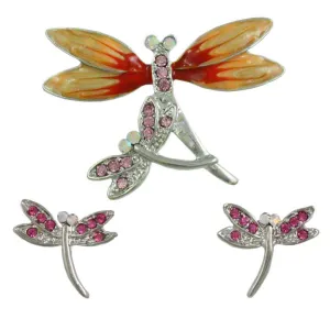 Crystal Dragonfly Brooch Pin and Earring Boxed Set - PRI078FBS