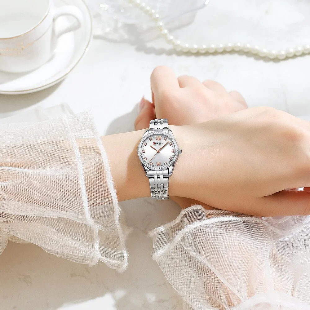 CURREN Stainless Steel Quartz Watches For Women Classic Simple with Shiny Rhinestones Dial Charming Elegant Ladies Wristwatches