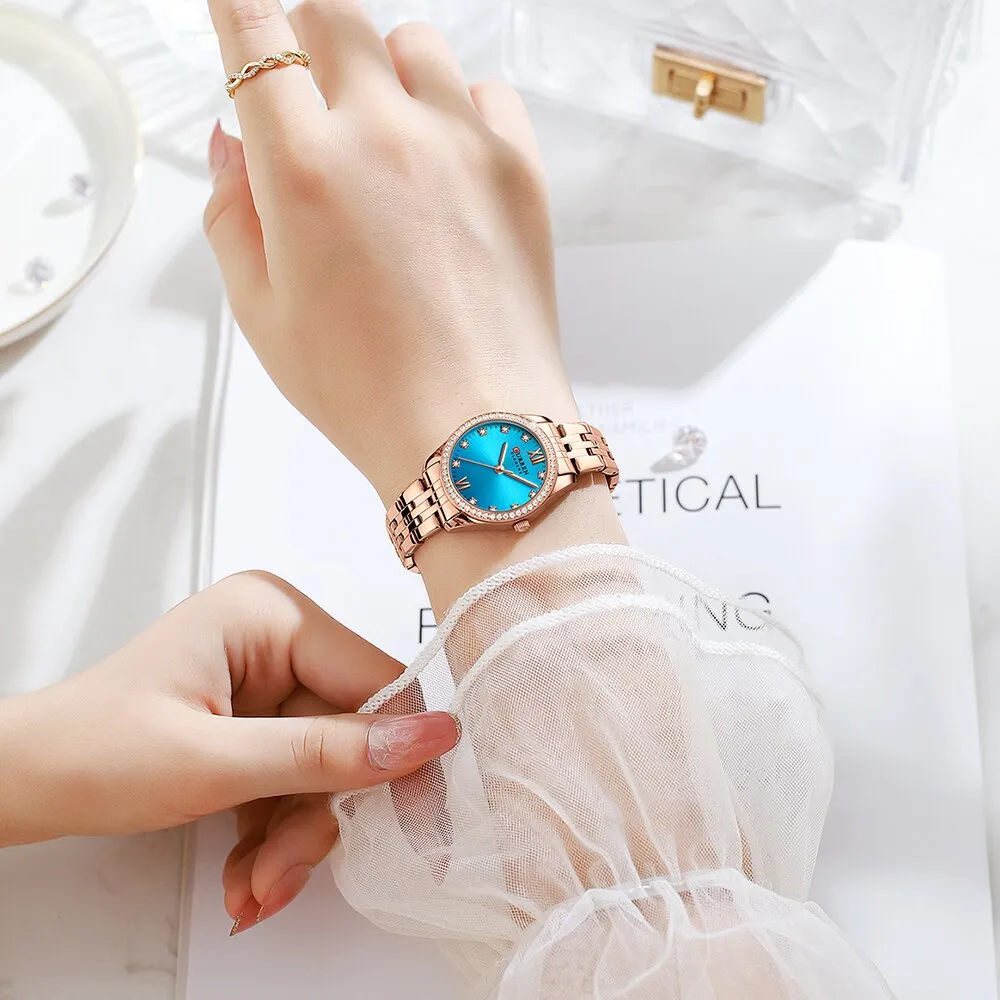 CURREN Stainless Steel Quartz Watches For Women Classic Simple with Shiny Rhinestones Dial Charming Elegant Ladies Wristwatches