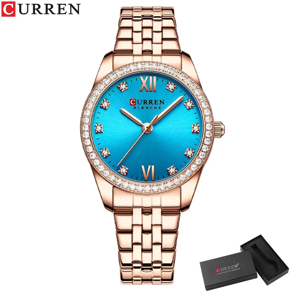 CURREN Stainless Steel Quartz Watches For Women Classic Simple with Shiny Rhinestones Dial Charming Elegant Ladies Wristwatches