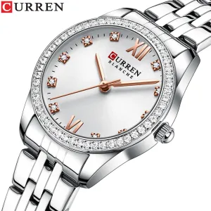 CURREN Stainless Steel Quartz Watches For Women Classic Simple with Shiny Rhinestones Dial Charming Elegant Ladies Wristwatches