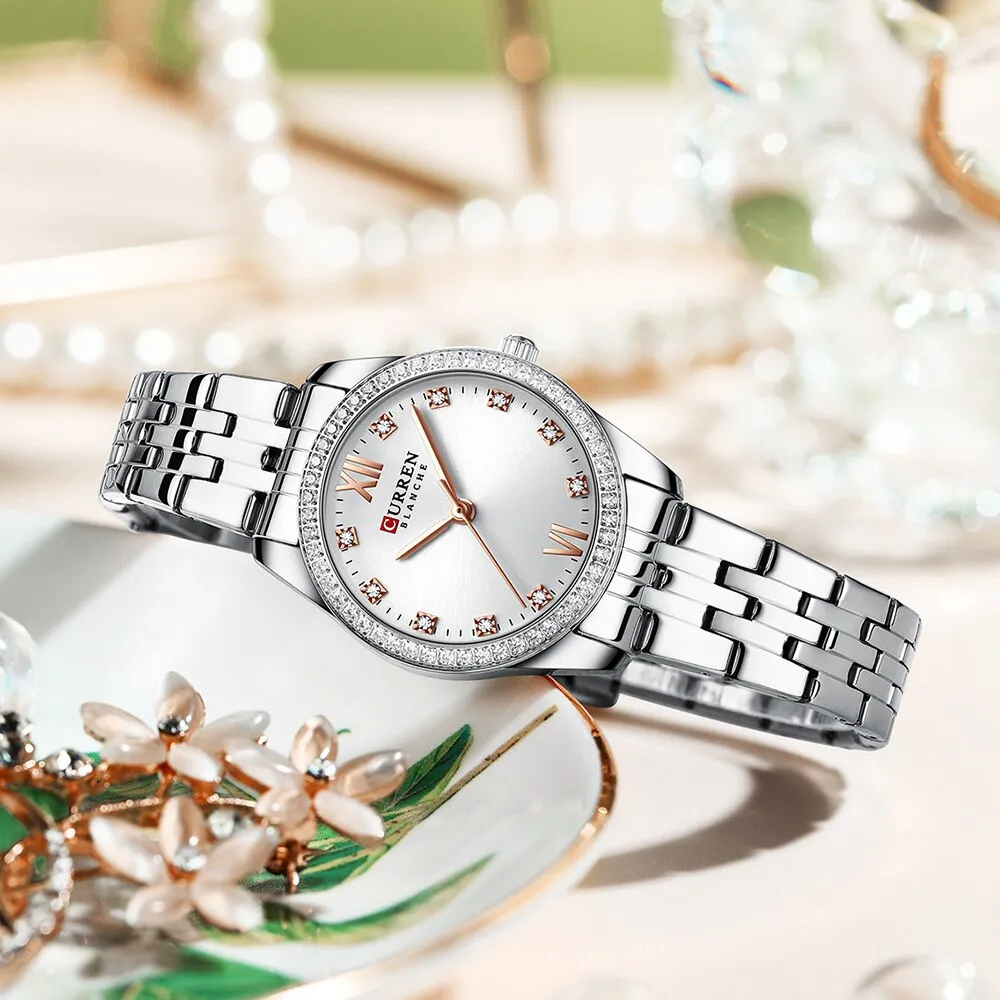 CURREN Stainless Steel Quartz Watches For Women Classic Simple with Shiny Rhinestones Dial Charming Elegant Ladies Wristwatches