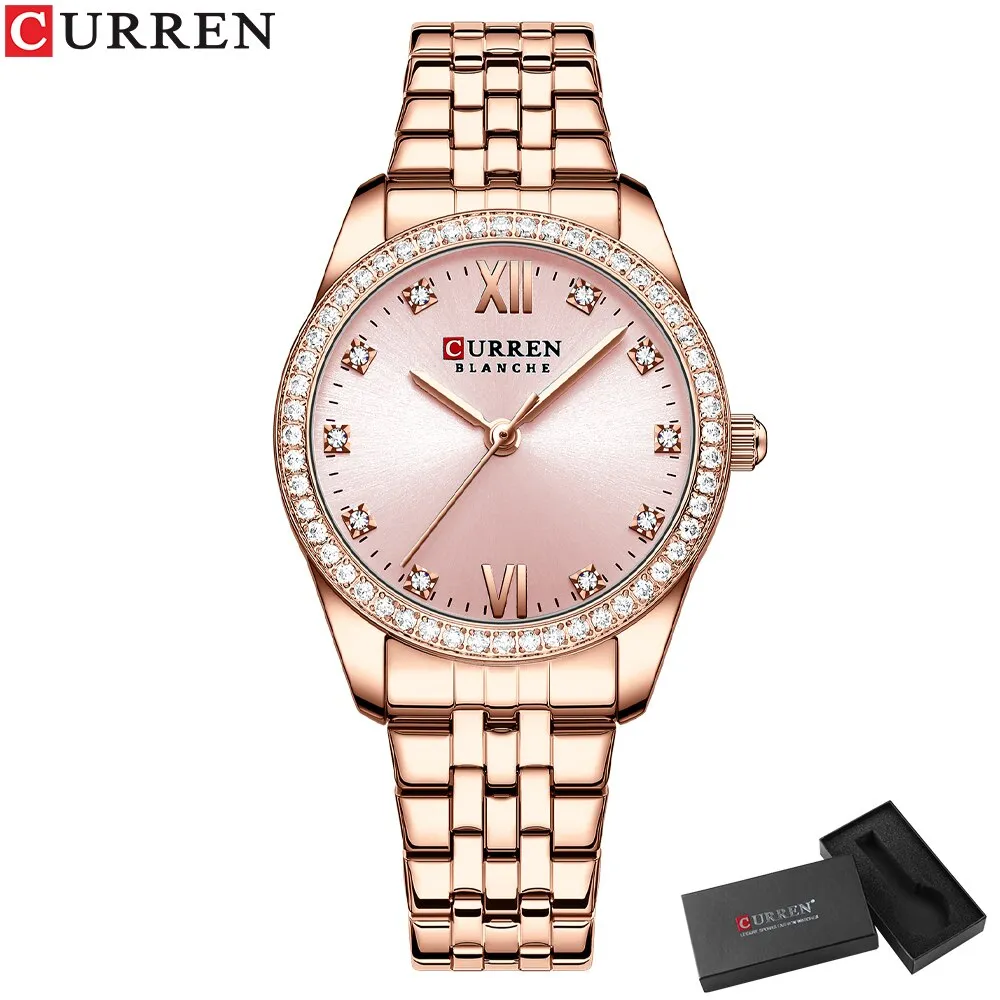 CURREN Stainless Steel Quartz Watches For Women Classic Simple with Shiny Rhinestones Dial Charming Elegant Ladies Wristwatches