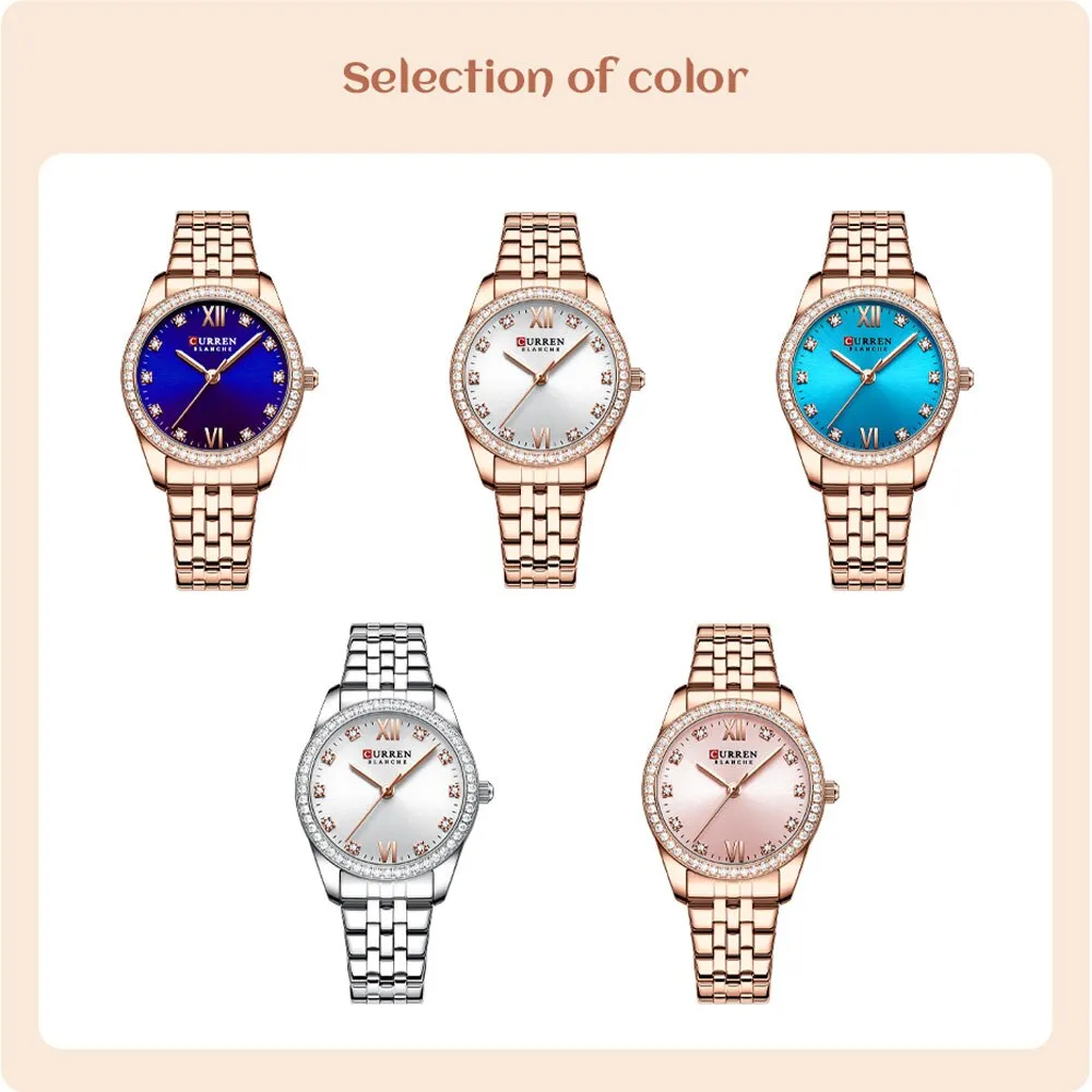 CURREN Stainless Steel Quartz Watches For Women Classic Simple with Shiny Rhinestones Dial Charming Elegant Ladies Wristwatches