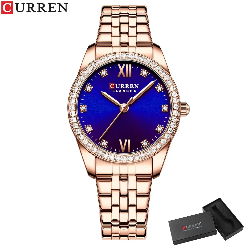 CURREN Stainless Steel Quartz Watches For Women Classic Simple with Shiny Rhinestones Dial Charming Elegant Ladies Wristwatches