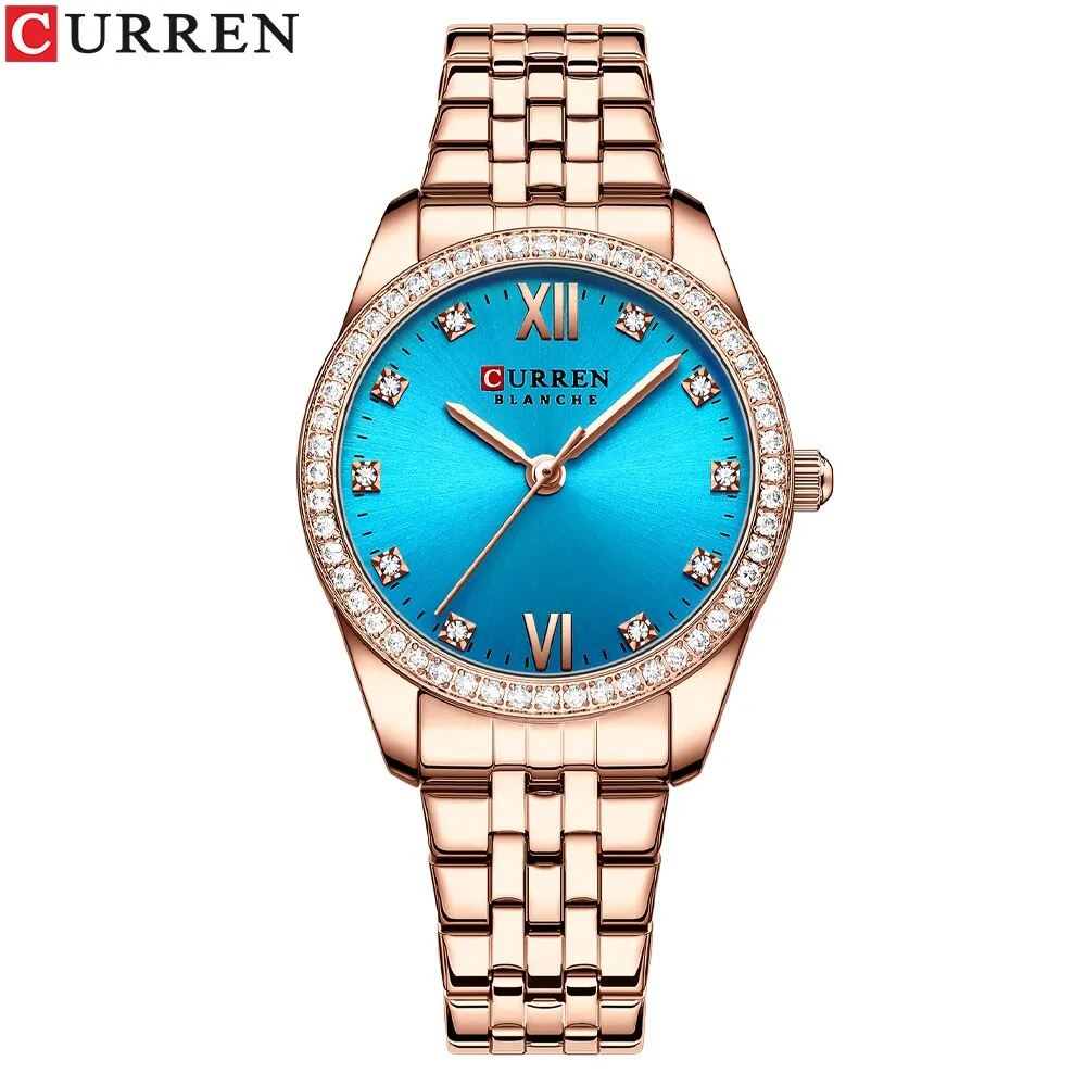CURREN Stainless Steel Quartz Watches For Women Classic Simple with Shiny Rhinestones Dial Charming Elegant Ladies Wristwatches