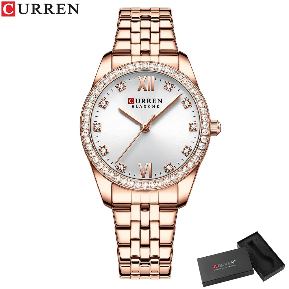 CURREN Stainless Steel Quartz Watches For Women Classic Simple with Shiny Rhinestones Dial Charming Elegant Ladies Wristwatches