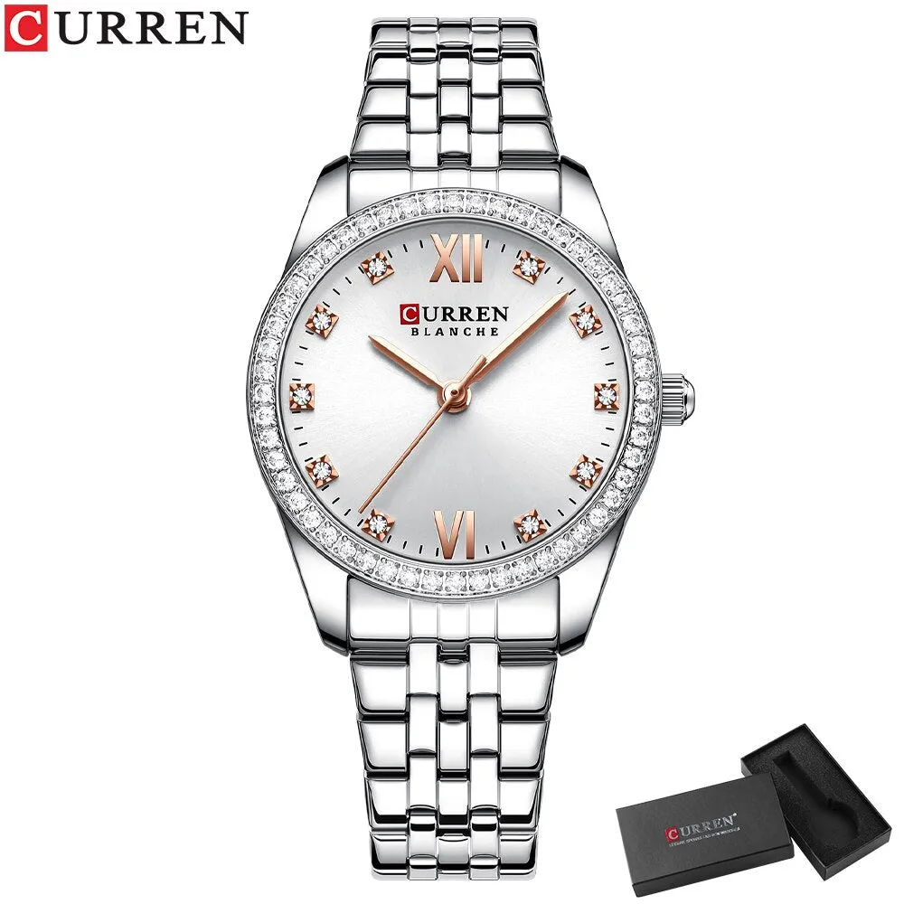 CURREN Stainless Steel Quartz Watches For Women Classic Simple with Shiny Rhinestones Dial Charming Elegant Ladies Wristwatches