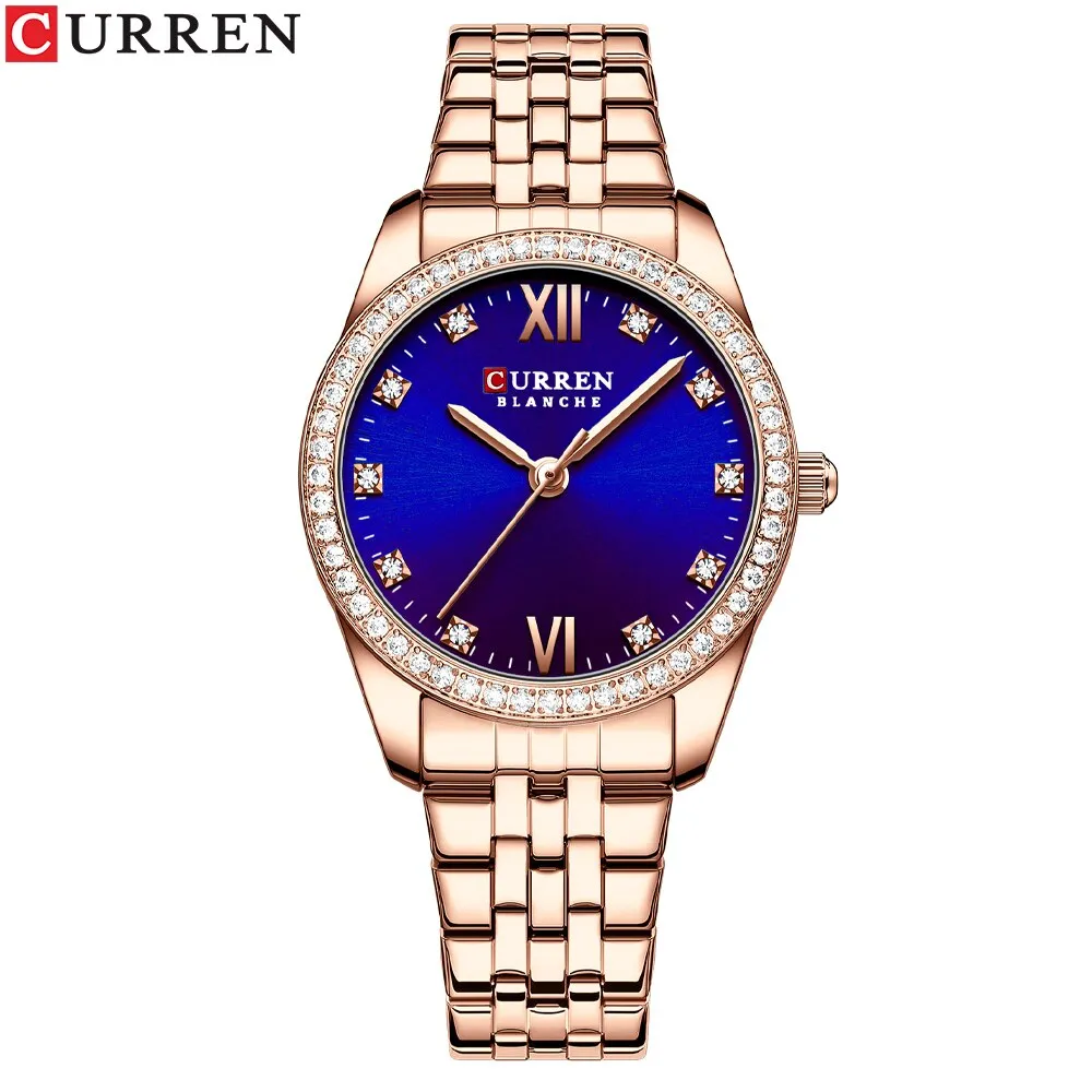 CURREN Stainless Steel Quartz Watches For Women Classic Simple with Shiny Rhinestones Dial Charming Elegant Ladies Wristwatches