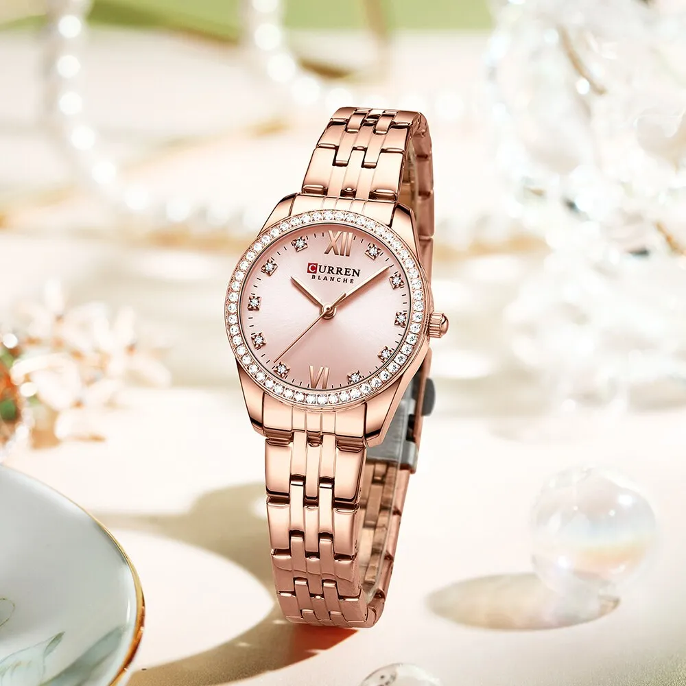 CURREN Stainless Steel Quartz Watches For Women Classic Simple with Shiny Rhinestones Dial Charming Elegant Ladies Wristwatches