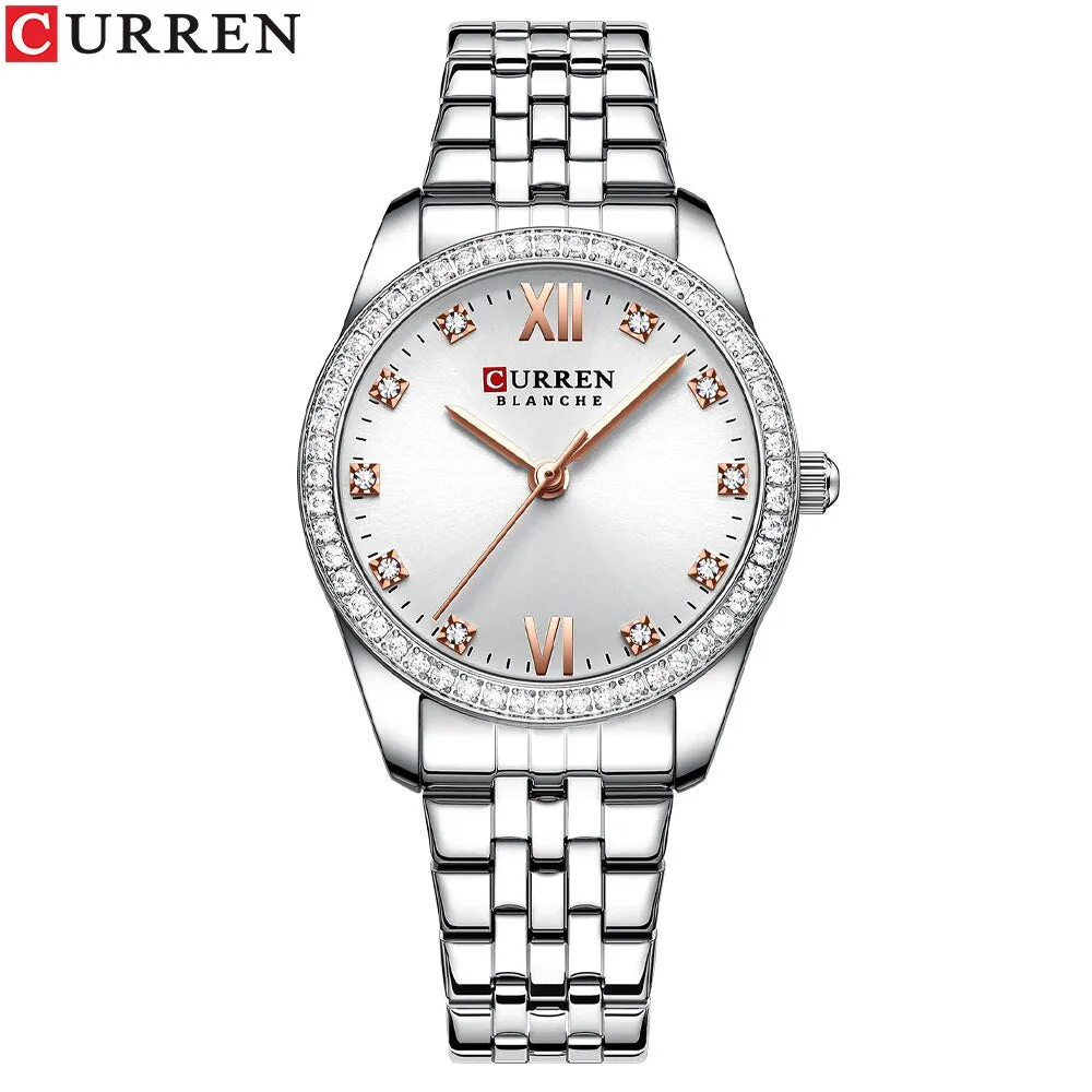 CURREN Stainless Steel Quartz Watches For Women Classic Simple with Shiny Rhinestones Dial Charming Elegant Ladies Wristwatches