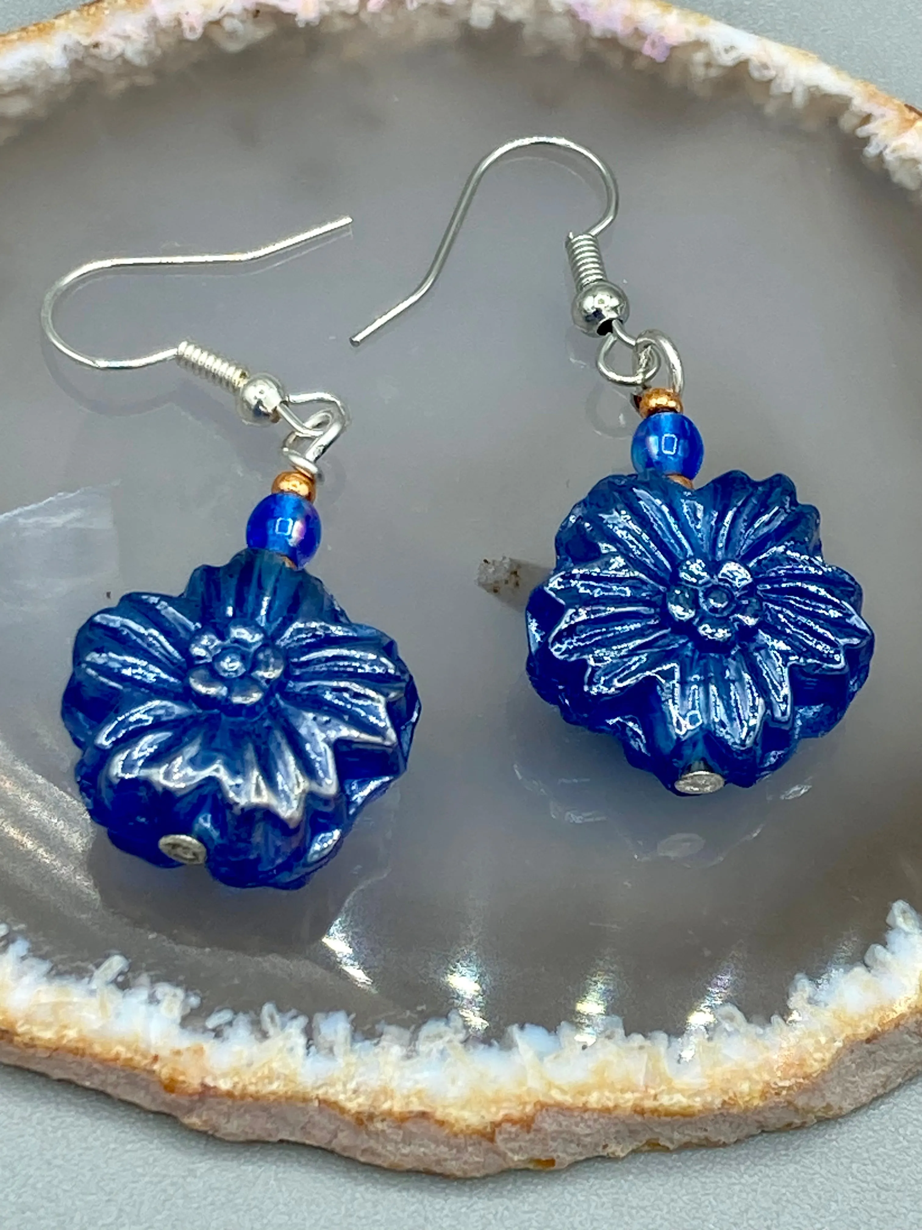 Dark Blue Violet Floral Pressed Glass Beaded Earrings, Hippie Vibe, Shabby Chic, Boho Chic, Nature Inspired, Bohemian
